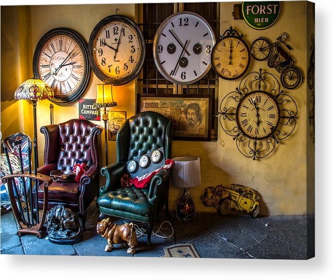 Clocks Acrylic Print featuring the photograph Clocks in a mess by Luca Lorenzelli