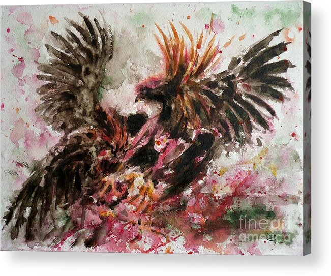 Fighting Roosters Acrylic Print featuring the painting Cockfight by Zaira Dzhaubaeva