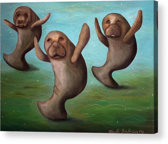 Manatee Acrylic Print featuring the painting Dance Of The Manatees edit 2 by Leah Saulnier The Painting Maniac