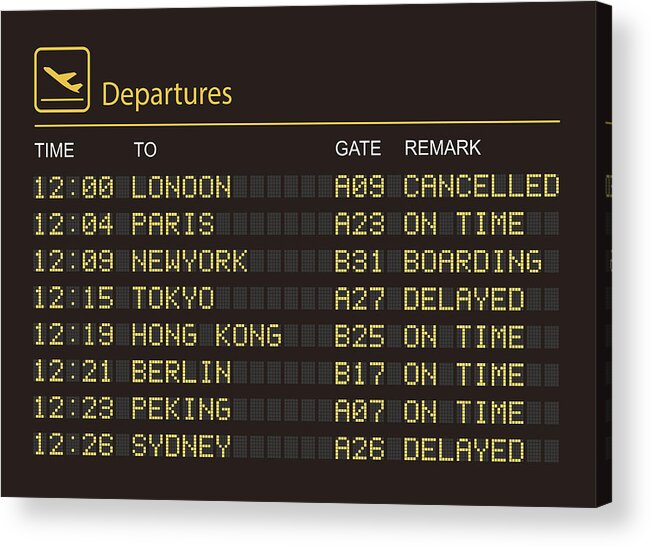 White Background Acrylic Print featuring the drawing Departures information board by Lvcandy