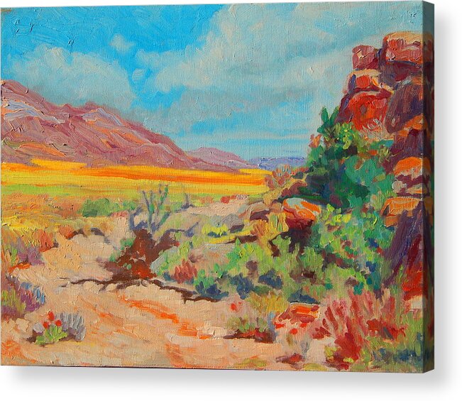 Desert Spring Flowers Acrylic Print featuring the painting Desert Spring Flowers Namaqualand with Rock Outcrop by Thomas Bertram POOLE