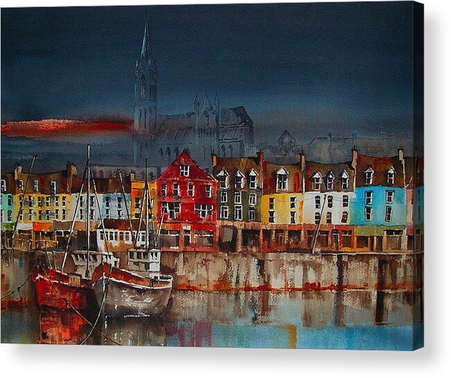 Val Byrne Acrylic Print featuring the painting Dusk on Cobh harbour Cork by Val Byrne