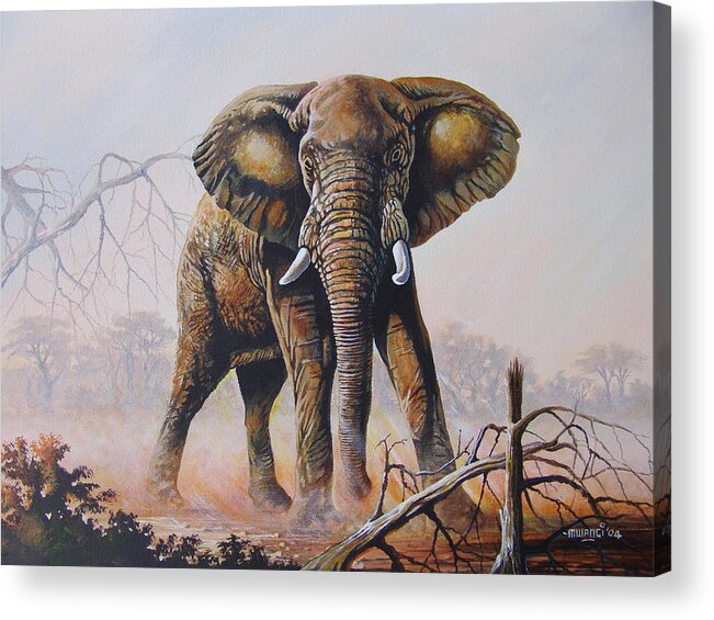 Lone Bull Acrylic Print featuring the painting Dusty Jumbo by Anthony Mwangi