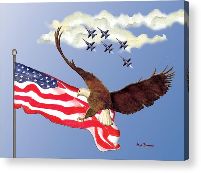 Blue Angels Acrylic Print featuring the painting Eagle Soaring with Blue Angels by Anne Beverley-Stamps