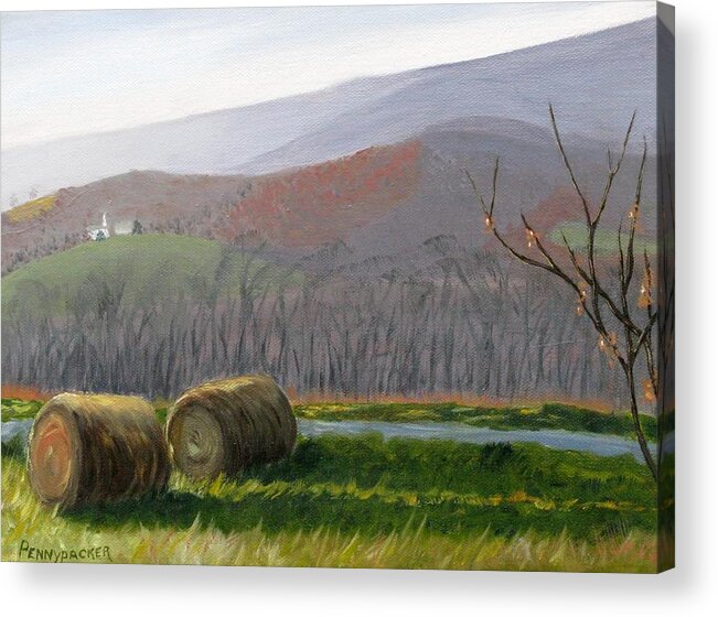 Hay Bales With Evening Shadows Acrylic Print featuring the painting Evening Comes to Penns Valley by Barb Pennypacker