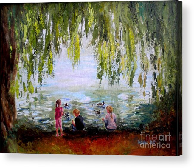 Oil Painting Acrylic Print featuring the painting Feeding Ducks at Fort Dent Park by Wendy Ray