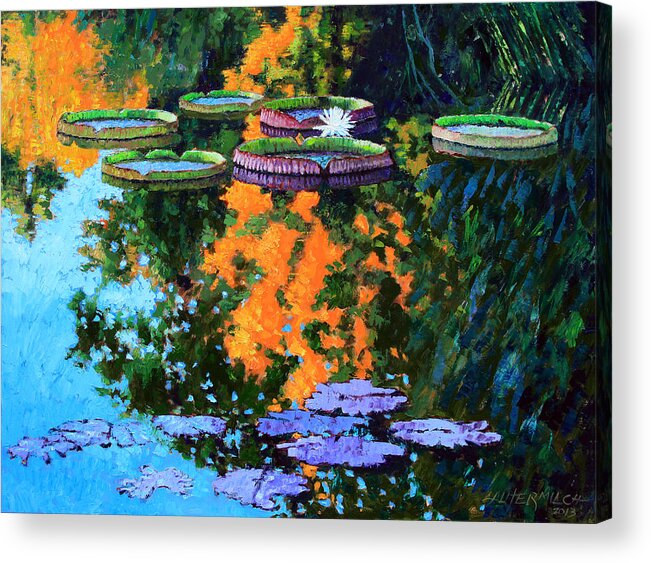 Garden Pond Acrylic Print featuring the painting First Signs of Fall by John Lautermilch