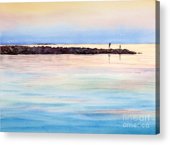 Fishing From The Jetty At Sunset Acrylic Print featuring the painting Fishing From The Jetty at Sunset by Michelle Constantine