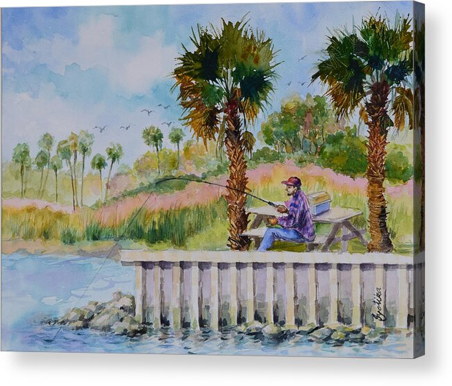 River Acrylic Print featuring the painting Fishing on the Peir by Jyotika Shroff