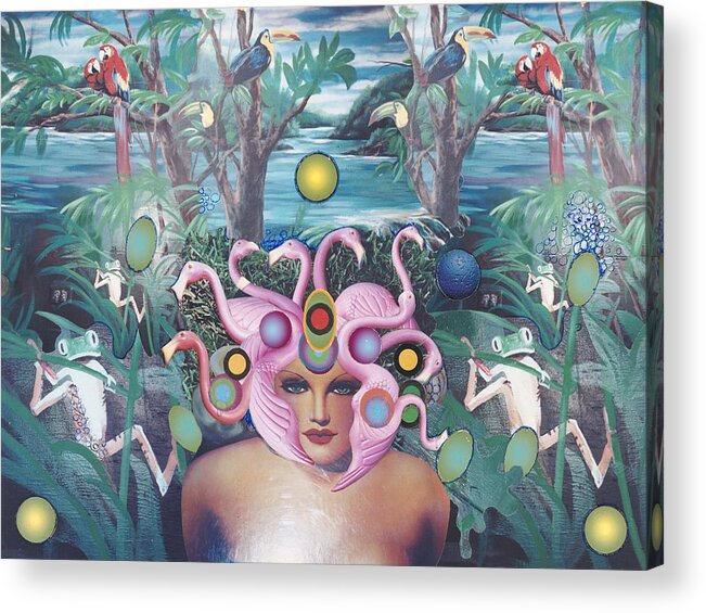 Jungle Acrylic Print featuring the mixed media FlamingoDeusa by Douglas Fromm