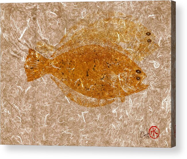 Gyotaku Art Acrylic Print featuring the mixed media Fluke w Shadow on White Unryu/Mulberry Paper by Jeffrey Canha