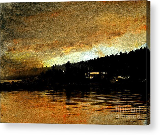 Golden Cove Bouy Quiet Bay Water Lake Sea Sunset Silhouette Freshwater Restful Relaxing Relaxed Relax Reflection Quiet Peaceful Peace Painting Nautical Mast Kyllo Art Artwork Pastel Photo Composite Late Evening Ripples Wave North Northern Pine Fir Evergreen Forest Shore Coast Coastline Woods Tree Trees Remote Calming Calm Blue Artwork Quiet Silent Muffled Tranquil Acrylic Print featuring the mixed media Golden Cove by R Kyllo