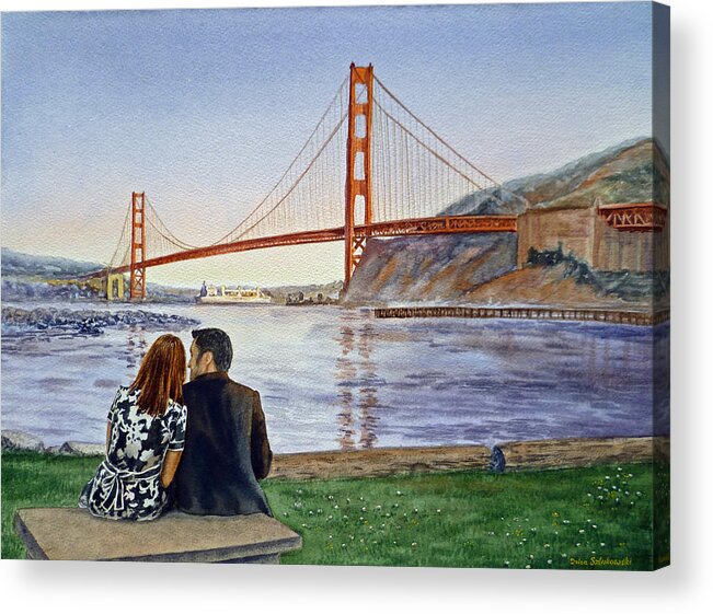 San Francisco Acrylic Print featuring the painting Golden Gate Bridge San Francisco - Two Love Birds by Irina Sztukowski