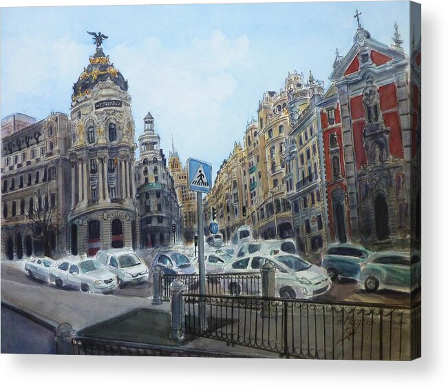 Gran Via Acrylic Print featuring the painting Gran Via Madrid by Henrieta Maneva