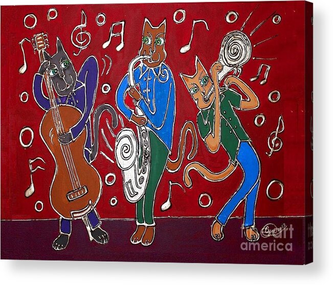 Jazz Acrylic Print featuring the painting Jazz Cat Trio by Cynthia Snyder