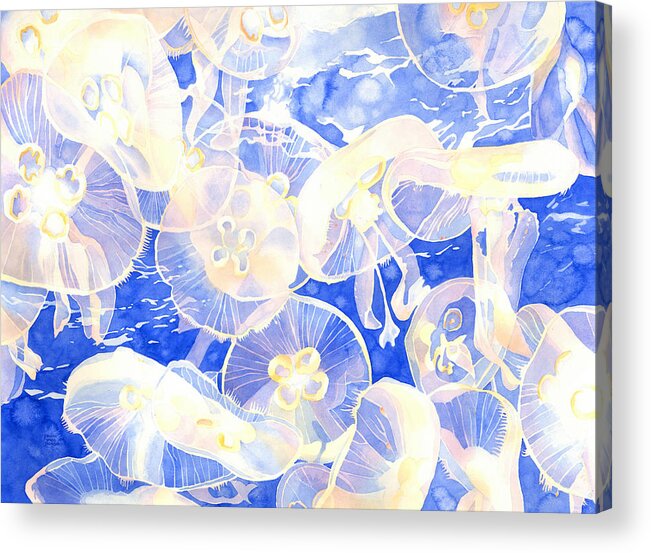 Moon Jellyfish Acrylic Print featuring the painting Jellyfish Jubilee by Pauline Walsh Jacobson