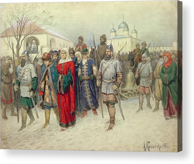 Soldier Acrylic Print featuring the photograph Joining Of Great Novgorod, Novgorodians Departing To Moscow, 1880 Wc On Paper by Aleksei Danilovich Kivshenko