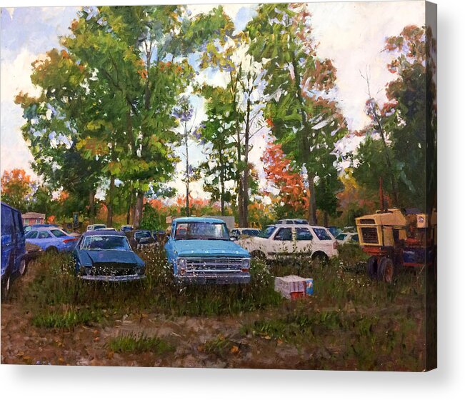 Old Cars Acrylic Print featuring the painting Junk Yard by Edward Thomas