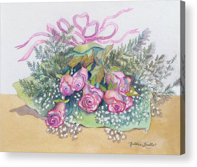 Pink Roses With The Light Green Paper Wrapping Acrylic Print featuring the painting Just Delivered by Madeline Lovallo