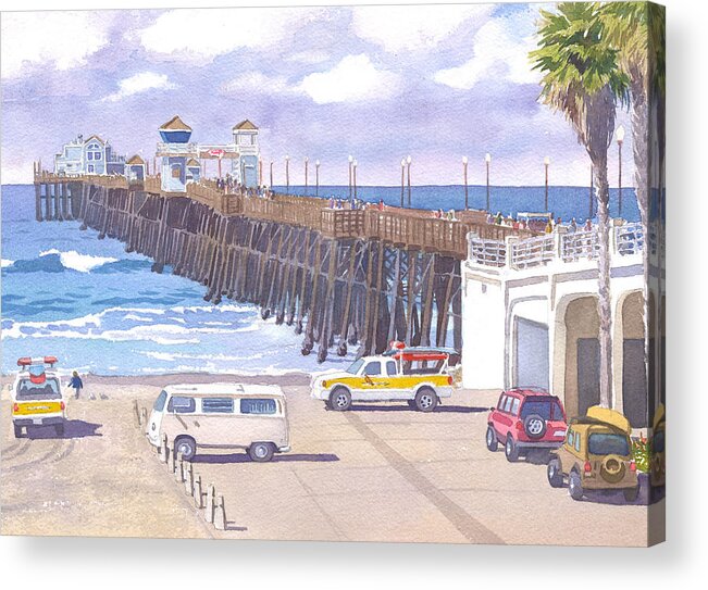 Oceanside Acrylic Print featuring the painting Lifeguard Trucks at Oceanside Pier by Mary Helmreich