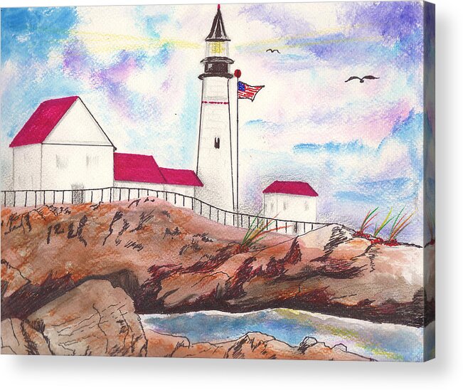Lighthouse Acrylic Print featuring the mixed media Lighthouse with colorful sky by Milton Rogers