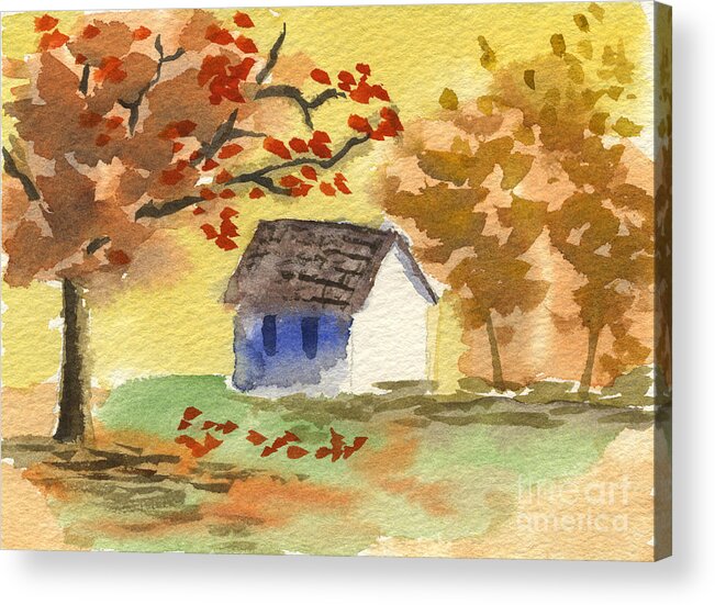 Cottage In Autumn Acrylic Print featuring the painting Little Cottage in Autumn by Beverly Claire Kaiya