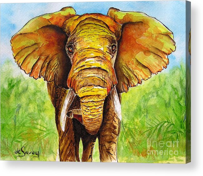 African Elephant Watercolor Acrylic Print featuring the painting Major Domo by Diane DeSavoy