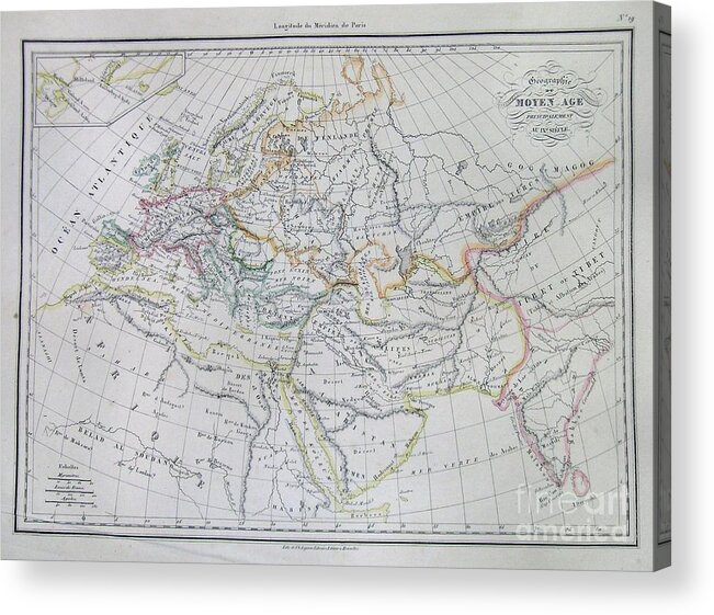 This Is A Beautiful 1837 Hand Colored Map Of Europe And Parts Of Asia As They Appeared In The Middle Ages – Roughly 900 A.d. All Text Is In French. Acrylic Print featuring the photograph Map of Europe in the Middle Ages by Paul Fearn