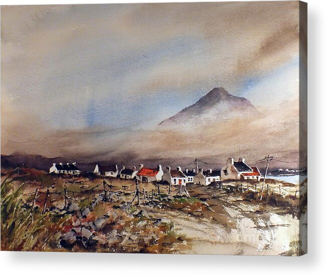 Val Byrne Acrylic Print featuring the painting Mist over Dugort Achill Island Mayo by Val Byrne