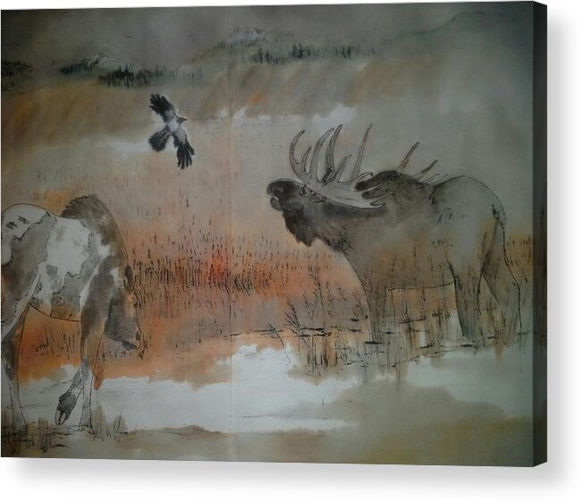 Moose. Idaho. Landscape Acrylic Print featuring the painting Moose On The Loose Album by Debbi Saccomanno Chan