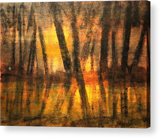 Trees Sunset Shore Dusk Yellow Warm Twilight Trunks Trunk Trees Tree Texture Swamp Sunrise Strong Silhouette Restful Relaxing Relaxed Relax Red Quiet Peaceful Peace Painting Light Life Lake Kyllo Evening Dormant Darkening Dark Costal Coastline Coast Calming Calm Breeze Abstract Surreal Composite Labyrinth Evening Bog Mess Chaos Confusion Jam Jungle Labyrinth Marsh Mix-up Muddle Quagmire Swamp Tangle Woods Glade Luminous Watery Acrylic Print featuring the painting Labyrinth of Evening by R Kyllo