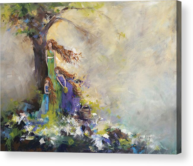 Mother And Daughters Under The Protection Of A Tree Acrylic Print featuring the painting Mother Daughter Picnic by Karen Ahuja