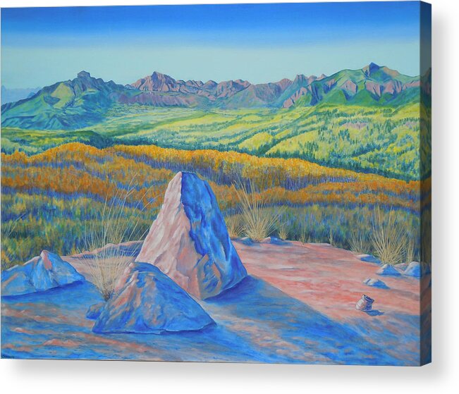 Colorado Mountains Acrylic Print featuring the painting Mountain Bird Memories Blanco Basin Lookout 1 by Anastasia Savage Ealy
