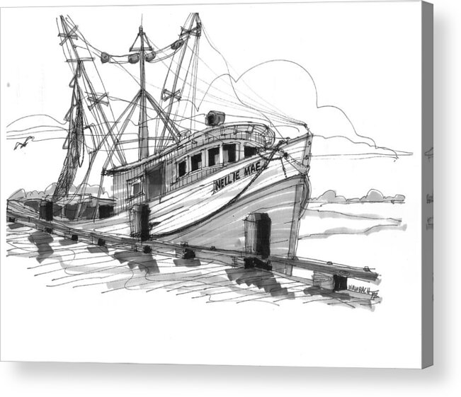 Fishing Boat Acrylic Print featuring the drawing Nellie Mae Fishing Boat by Richard Wambach
