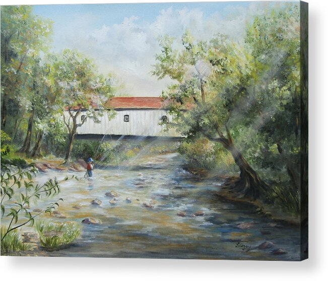 Covered Bridge Acrylic Print featuring the painting New Jersey's Last Covered Bridge by Katalin Luczay