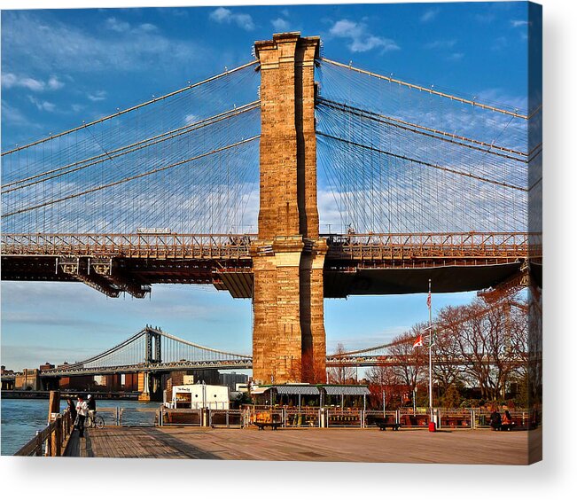 Amazing Brooklyn Bridge Photos Acrylic Print featuring the photograph New York Bridges Lit by Golden Sunset by Mitchell R Grosky