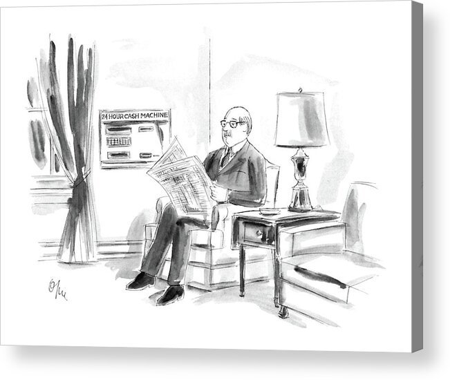 No Caption
Businessman Sits Reading The Paper At Home Acrylic Print featuring the drawing New Yorker April 21st, 1986 by Everett Opie