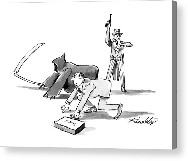 (the Grim Reaper And A Man From The Irs Are Poised For A Footrace Acrylic Print featuring the drawing New Yorker April 9th, 1990 by Mischa Richter