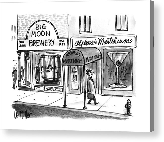 (a Smiling Man Walks Down The Street Past The And )
Consumerism Acrylic Print featuring the drawing New Yorker November 25th, 1996 by Warren Miller
