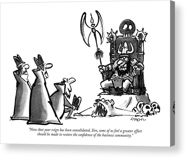 78065 Llo Lee Lorenz (man Kneeling In Front Of Fierce King. Refers To President Carter.) Boss Carter Corporate ?erce Front Government Highness Industry King Kneeling Majesty Man Mediaeval Medieval Monarch Monarchy Political Politicians Politics President Refers Regal Royal Royalty Ruler Acrylic Print featuring the drawing Now That Your Reign Has Been Consolidated by Lee Lorenz