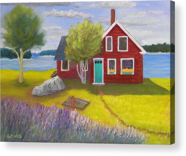 Landscape Seascape Cottage Lupine Deer Isle Ocean Inlet Rocky Coast Well Flowers Acrylic Print featuring the painting Ocean Cottage #1 by Scott W White
