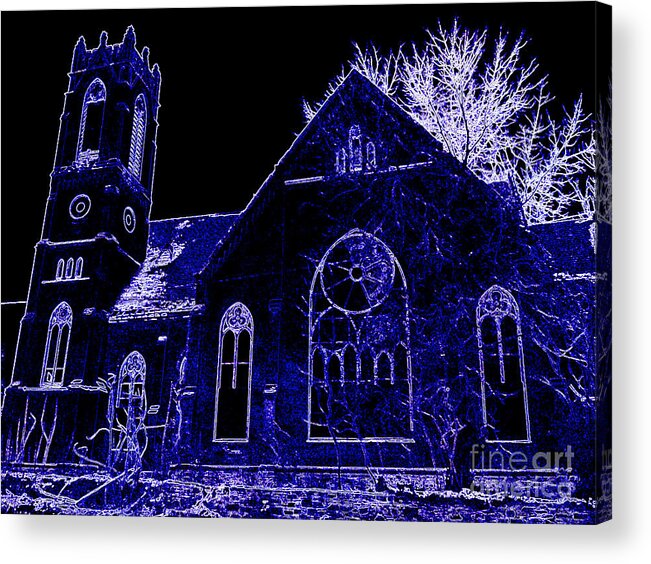  Acrylic Print featuring the photograph Old Church in Blue Neon by Kelly Awad