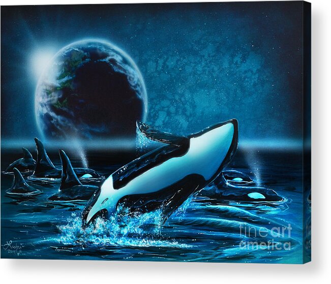 Orca Acrylic Print featuring the painting Orcas at night by Lachri