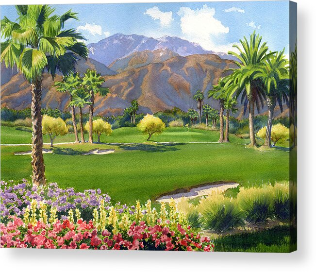 Golf Acrylic Print featuring the painting Palm Springs Golf Course with Mt San Jacinto by Mary Helmreich