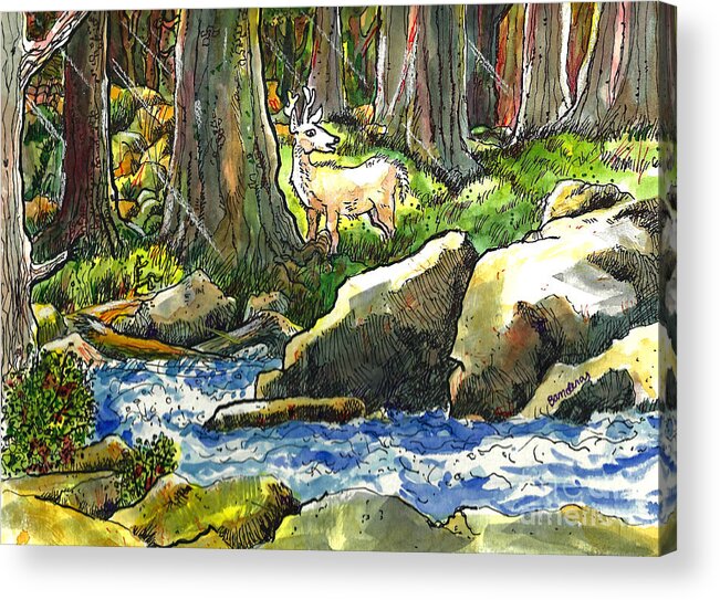 A Lone Deer Enjoys The Serenity In Its Forest Home. It Is Surrounded By Huge Trees Acrylic Print featuring the painting Peaceful Morning by Terry Banderas