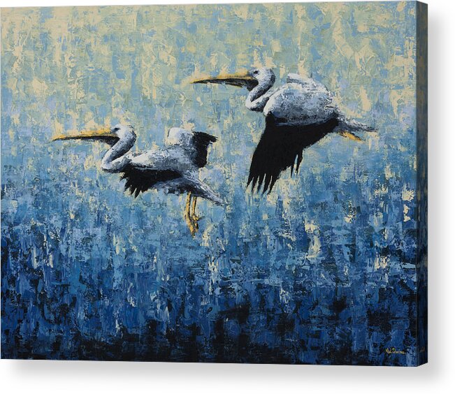 Pelicans Acrylic Print featuring the painting Pelicans by Ned Shuchter
