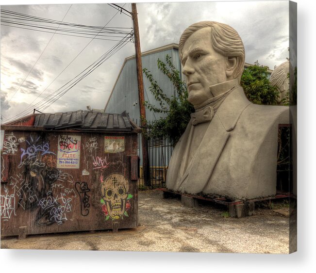 Presidents Acrylic Print featuring the photograph Presidents bust and dumpster by Micah Goff