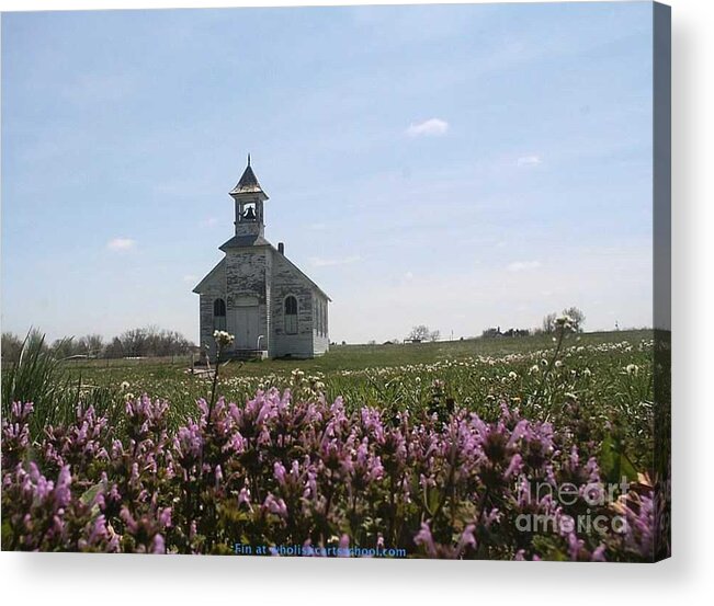 Dandelion Church Acrylic Print featuring the painting Purple Wildflower Field Church by PainterArtist FIN