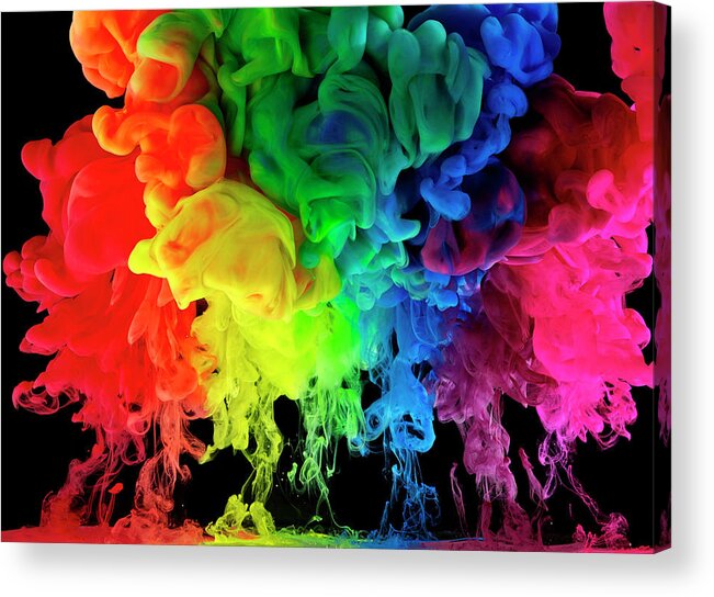 Spray Acrylic Print featuring the photograph Rainbow Colored Ink, Paint In Water by Mark Mawson