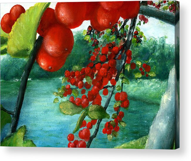 Berries Acrylic Print featuring the painting Red Berry Tree on Louisiana Pond by Lenora De Lude
